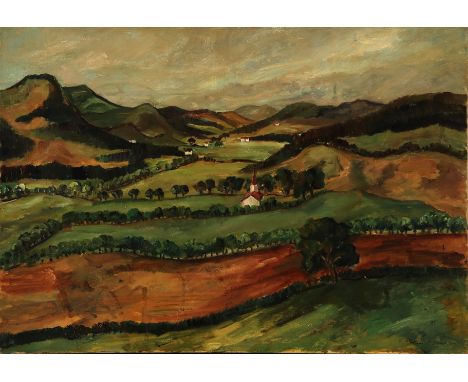 Hansl Bock. 1893 München - 1973 Freising. Stellte regelmäßig im Glaspalast aus. Sign. Hügelige Landschaft. Öl/Lwd. 70 x 100 c