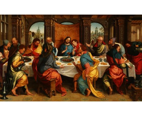Antwerpener Manierist um 1530. Das letzte Abendmahl. In einer Halle mit Arkadenbogen, durch die sich der Blick auf eine befes