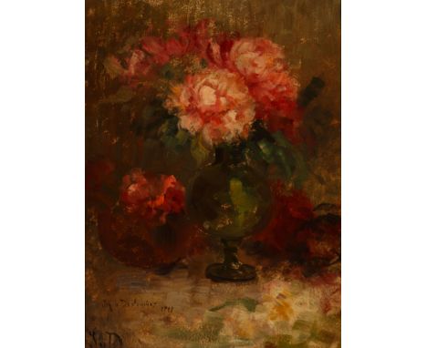 Johanna von Destouches. 1869 München - 1956. Sign. 1908 dat. Pfingstrosen in Balustervase. Öl/Ktn. 33 x 25 cm. R