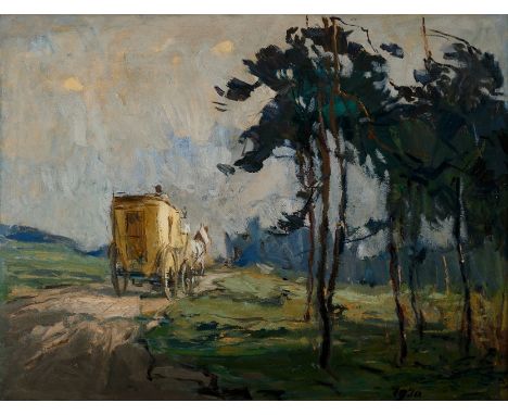 Maler 1. Hälfte 20. Jh. 1930 dat. Postkutsche auf altem Weg. Öl/Lwd. 76 x 99 cm. R