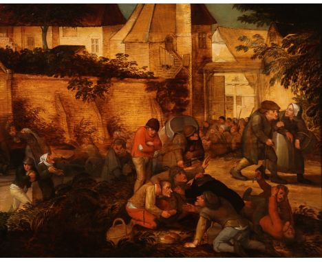 Pieter Brueghel II. 1564 Brüssel - 1638 Antwerpen. Umkreis. Bauernstreit. Vor einer befestigten Stadt streiten Bauern und Hun