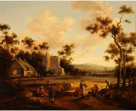 Cornelis Droochsloot. 1586 Utrecht - 1666. Zugeschr. Rastende Reisende und Landvolk vor einem Wirtshaus mit umzäunter Ruine. 