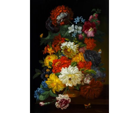 L. Krause. Maler des 19./20. Jh. Sign. Blumenstilleben in altmeisterlicher Manier mit Insekten. Öl/Holz. 49 x 33,5 cm. R