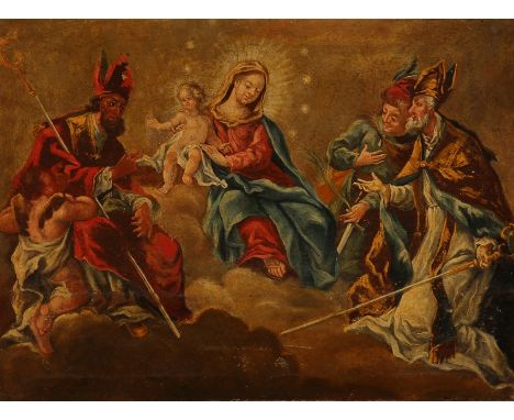 Süddeutscher Barockmaler um 1720. Fürbittende Märtyrer und heilige Maria mit Kind. Öl/Lwd. 39 x 52 cm. R Sammlung Bühl Konsta