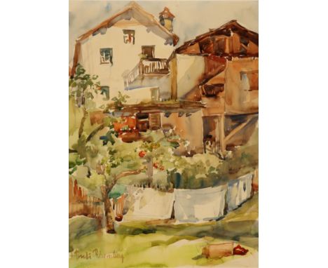 Trudi Rhomberg. 1901 - Dornbirn - 1983, sign., Malerische Ecke in Dornbirn?, Aquarell 46,5 x 33,5 cm,  Gl. u. R