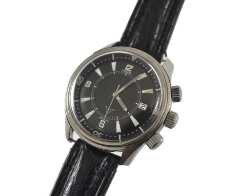 Seltene Jaeger LeCoultre Polaris Memovox Herrenarmbanduhr. Stahlgehäuse, schwarzes Ziffernblatt, bez. 'LeCoultre', Leuchtzeig