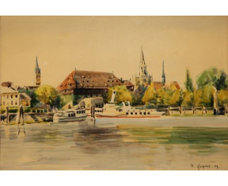 Karl Einhart. 1885 - Konstanz - 1959. War dort auch tätig, sign. 1949 dat., Blick auf Konstanz mit angelegtem Dampfer, Aquare