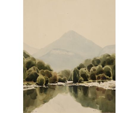 Rudi Lässer. 1952 Dornbirn, dort ansässig, auch tätig, sign. (19)83 dat., Dornbirner Ach mit Berghintergrund, Aquarell 44 x 3