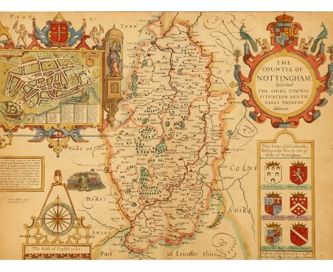 Nottinghamshire. In Wappenkartusche: 'The Countie Of Nottingham described, The Shire Townes Situation And The Earls There of 