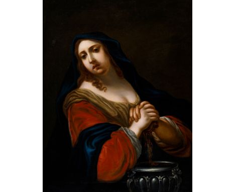 Maler des 17. Jh.Hl. Magdalena, vor sich das Gefäß mit dem Blut Christi. Öl/Lwd. 91 x 73 cm. R