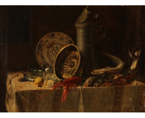 Ed. Kurau. 19. Jh. Sign. (18)95 dat. Stilleben in altmeisterlicher Manier. Fische und Hummer mit gotischer Schüssel. Muscheln