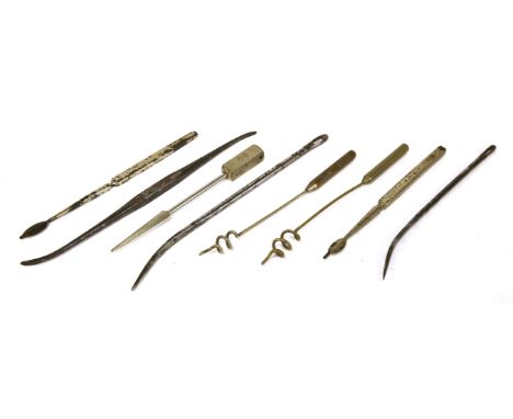 AFTER DEATH,eight mortician's tools, including two needles and two with corkscrew ends, by Hewlett, Clarke, Holborn Co. and J