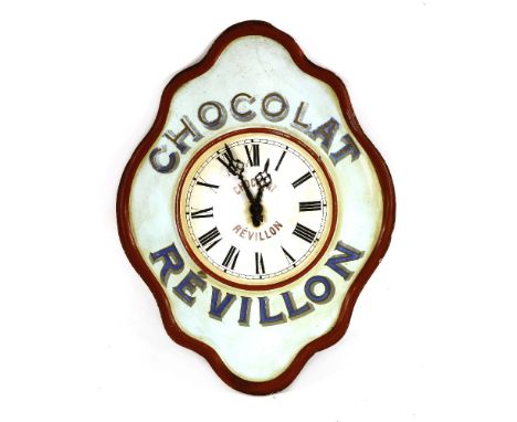 A 'CHOCOLAT RÉVILLON' ADVERTISING CLOCK,early-mid 20th century, French, tolework, in an 'oeil de boeuf' or bullseye shape, wi