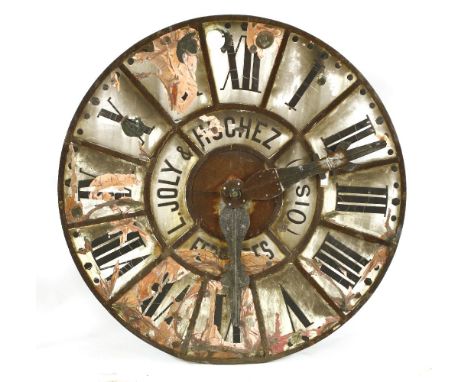 A VERY LARGE FRENCH CLOCK FACE,c.1860-1890, with enamelled panels over a copper base, the enamel now worn and cracked, with o