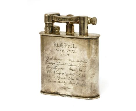 A PILOT'S DUNHILL GOLIATH TABLE LIGHTER,mid 20th century, silver-plated, presentation inscription 'To WH Fell 1953' and signa