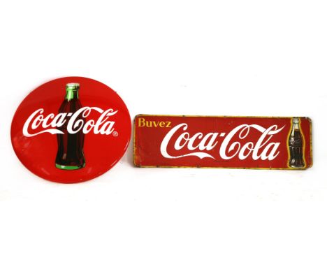 A FRENCH ENAMEL COCA-COLA SIGN,'Buvez Coca-Cola, Marque Reposée',43.5 x 145cm, anda reproduction Coca-Cola plastic button sig