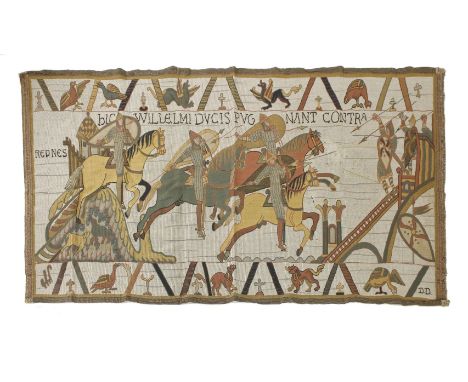 A WOVEN 'BAYEUX' PANEL,1930s, French, loosely based on a section of the Bayeux tapestry, depicting William the Conqueror's ca