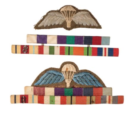 WW2 BRITISH OFFICERS PARACHUTE QUALIFICATION BADGES One badge is stitched to the ribbon bar, which has ribbons for Military C