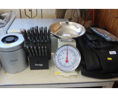 A set of Hansen scales; together with a biscuit barrel; a Prestige knife set and a bread bin