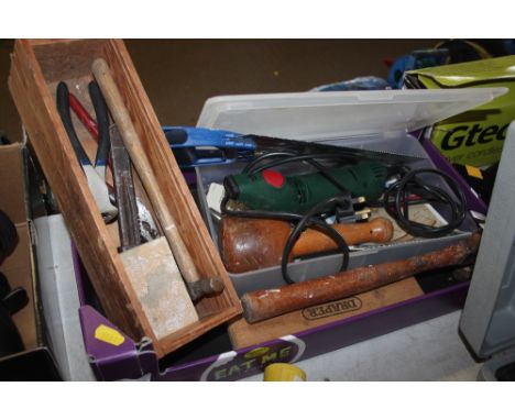 A box containing an electric chisel and various hand tools