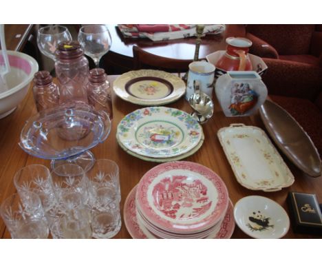 A quantity of decorative glass and china to include storage jars and covers; Goebel vase; Battle of Britain tankard etc.