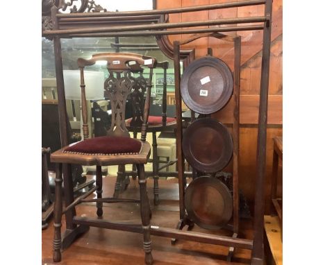 OAK &amp; MAHOGANY CAKE STAND, VINTAGE PINE TOWEL RAIL &amp; VINTAGE UPHOLSTERED BEDROOM CHAIR WITH TURNED LEGS