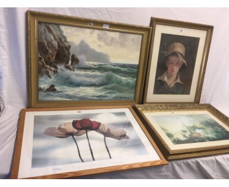 OIL ON CANVAS OF A COASTAL SCENE BY GUIOLO OOLIEANN &amp;  FRAMED PRINT OF THE TORN HAT &amp; 2 OTHER PRINTS
