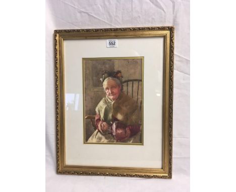 PORTRAIT OF A AN OLD LADY HOLDING A COPPER KETTLE, SEATED, SIGNED RALPH TODD IN DECORATIVE FRAME AND MOUNT [PRINT?] 17" X 13”