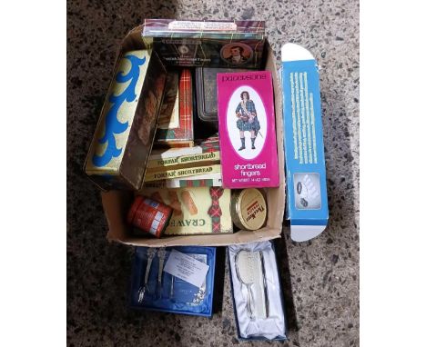 CARTON WITH VINTAGE TINS, HEADBAND ELIMINATING MAGNIFIER, A BOXED CHILD'S HOOD MEMORY SET &amp; A BOXED CHILD'S HAIR BRUSH &a