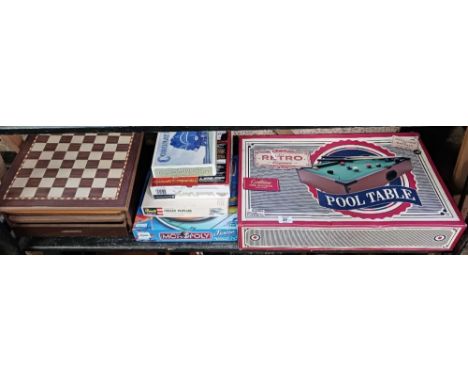 SNAKES &amp; LADDER &amp; CHESS SET IN WOODEN BOX, RETRO POOL TABLE (BOXED), REVEL MODEL KIT FOKKER TRIPLANE &amp; WOODWORX K
