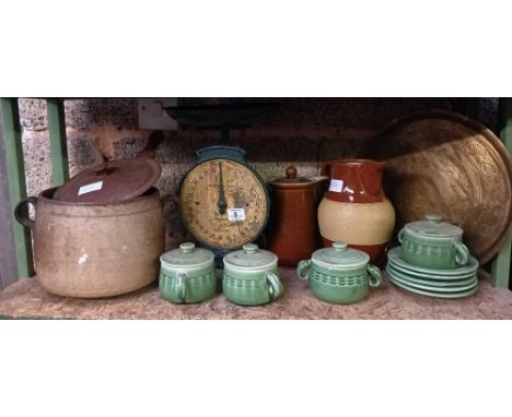 SHELF WITH MISC POTTERY, VINTAGE SCALE &amp; BRASS TRAY