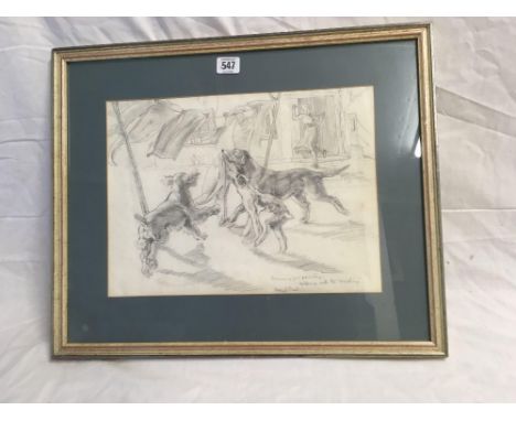 PENCIL DRAWING OF DOGS PLAYING WITH A CLOTHES LINE ENTITLED “HELPING WITH THE WASHING” SIGNED BERYL TRIST, 17" X 20”
