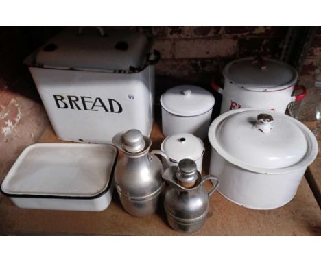 SHELF OF MISC ENAMEL BREAD FLOUR BINS &amp; 2 THERMOS FLASKS