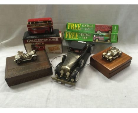 2 VINTAGE CARS (MOUNTED ON CIGARETTE BOXES) OLD CABRIOLET (WHITEWALL TYRES) 1 DIECAST BUS (RTW), 2 CORGI VINTAGE VANS (BOXED)