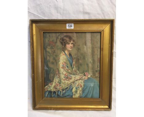 PORTRAIT OF A YOUNG WOMAN, SEATED WEARING A BLUE DRESS & FLORAL SHAWL AND HOLDING A POSY OF FLOWERS, 16” X 14”