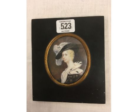MINIATURE PORTRAIT OF A LADY WITH FEATHERED HAT  6” X 5”