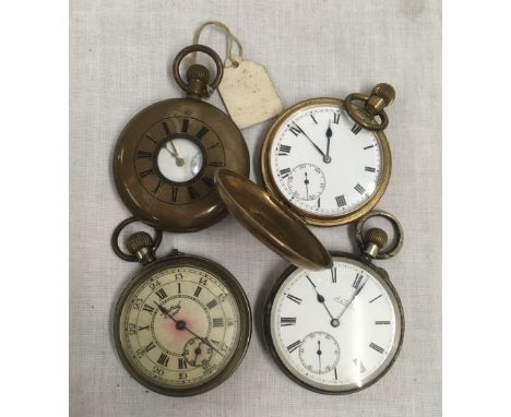 4 VINTAGE POCKET WATCHES, 1 WITH SILVER CASE, NOT WORKING