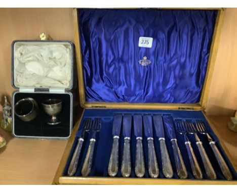 VINTAGE CANTEEN OF FISH KNIVES &amp; FORKS, 1 FORK MISSING &amp; CASED PLATED EGG CUP &amp; SERVIETTE RING