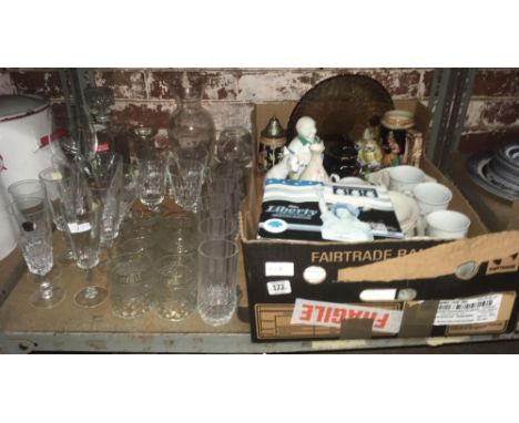 SHELF WITH MIXED DRINKING GLASSES &amp; A CARTON OF MISC CHINA