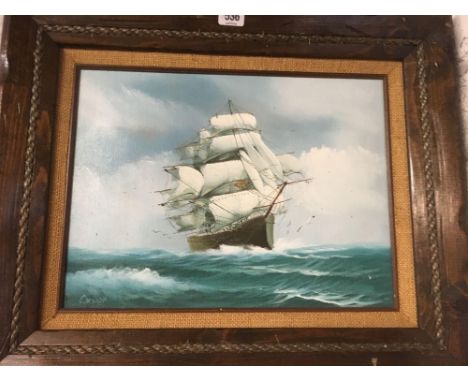 PORTRAIT OF A 3-MASTED SAILING SHIP IN FULL SAIL, SIGNED COOPER. IN AN OAK AND ROPE INLAID FRAME &amp; HESSIAN MOUNT, 18" X 2