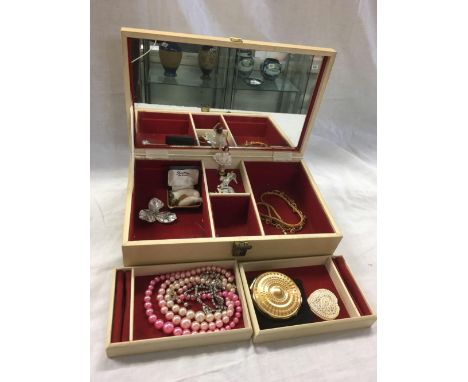 MUSICAL JEWEL BOX WITH COSTUME JEWELLERY &amp; GOLD COLOURED POWDER COMPACT