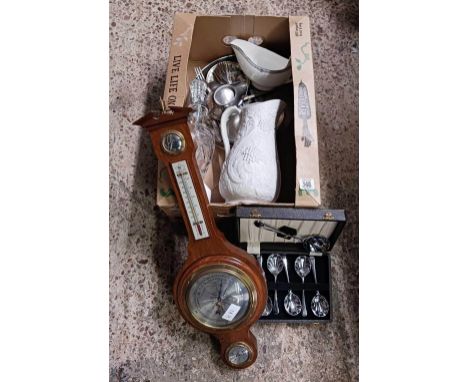 CARTON WITH A BAROMETER, PORTMEIRION JUG, PLATED GALLERY TRAY, DESSERT SPOONS WITH BOX, VINERS CUTLERY