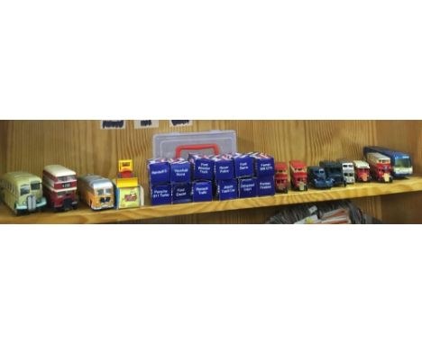 SHELF OF VINTAGE BUSES BY CORGI &amp; OTHER MAKES &amp; DIECAST CORGI MODELS OF CARS