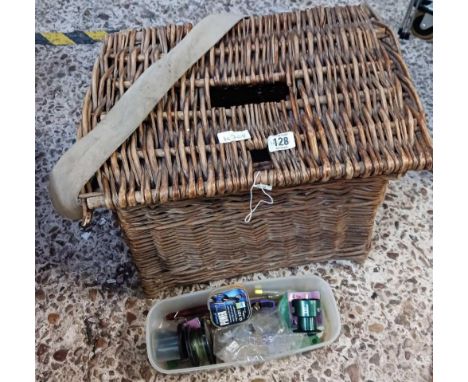 VINTAGE WICKER FISHING REEL WITH CONTENTS