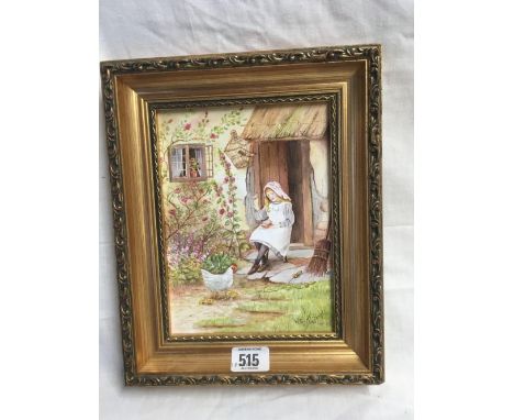 ORIGINAL HAND PAINTED CERAMIC PLAQUE BY WENDY SUSAN NUTT, A GIRL SAT BEFORE A COTTAGE WITH HEN AND CHICKENS, SIGNED, IN GILT 