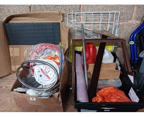 BOX OF BLACK VINYL TILES, BOX OF PLUMBING SUPPLIES INCL; SHOWER HEADS, TAPS, ETC &amp; A MIXED CRATE OF DECORATING TOOLS