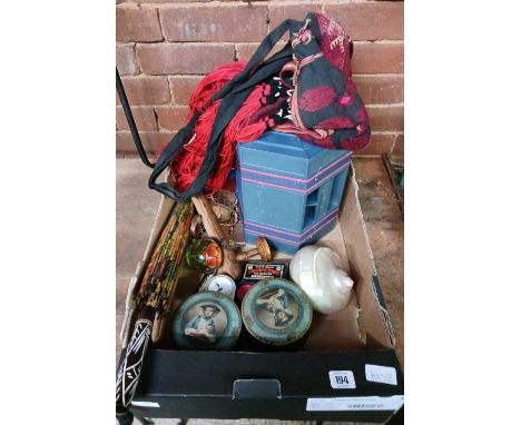 CARTON WITH PLASTIC SPARE PARTS ROLL, CAROUSEL, M.O.P SHELL, VINTAGE TINS, RED TASSELED ETHNIC CARRY BAG, PAIR OF SX61 SKI BO