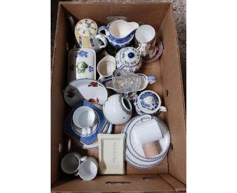 SHELF WITH MIXED CHINAWARE, TEA POTS, JUGS, SUGAR BOWLS