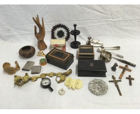 OX OF ITEMS INCL; A COLOUR COMPASS, BOXES, VESTA'S &amp; A WOODEN HAND RING TREE
