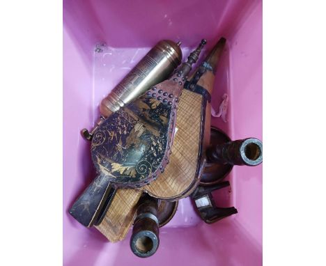 CARTON OF FIRE BELLOWS,CANDLE STICKS &amp; VINTAGE FIRE EXTINGUISHER 